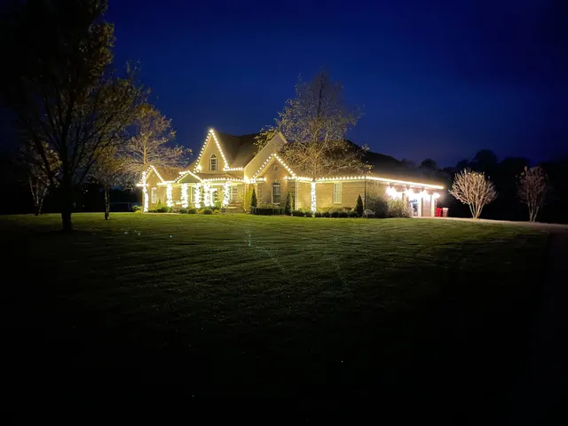 Wide view of a home and trees illuminated with warm Christmas lights