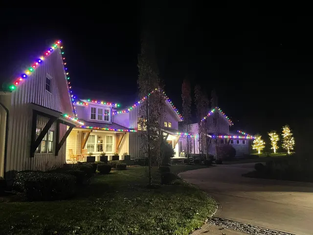 Multicolored roofline lights and wrapped trees along a home driveway