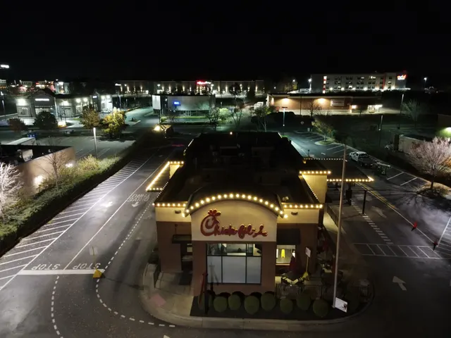 Commercial building outlined with Christmas roofline lights
