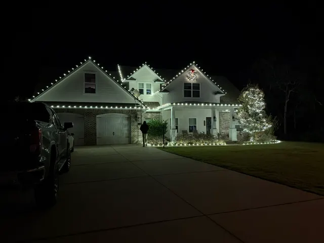Two-story home with white roofline and tree lights