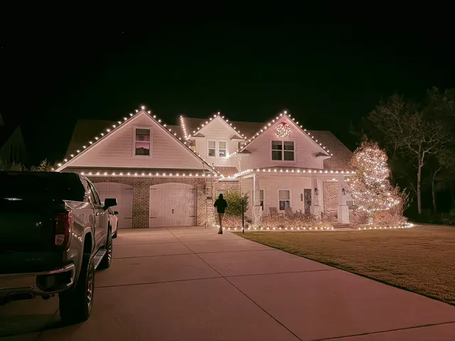 Christmas roofline display viewed from a driveway
