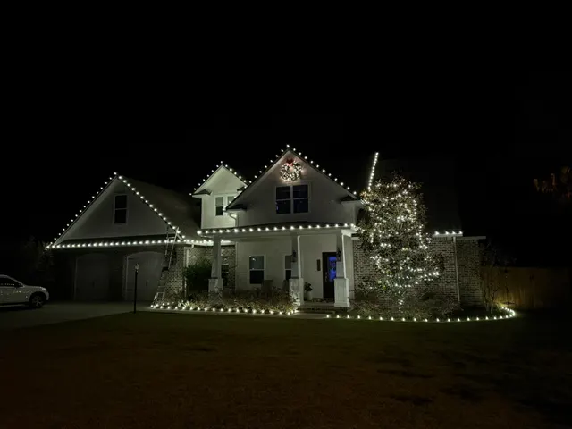 House and tree decorated with white Christmas lights