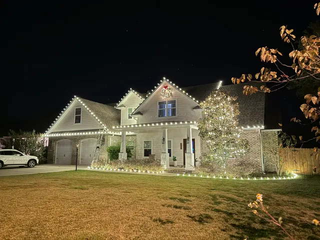 Bright roofline and tree lighting across a front yard