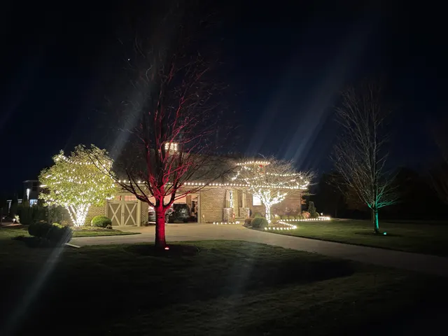 Holiday lights on a home and trees across a front lawn