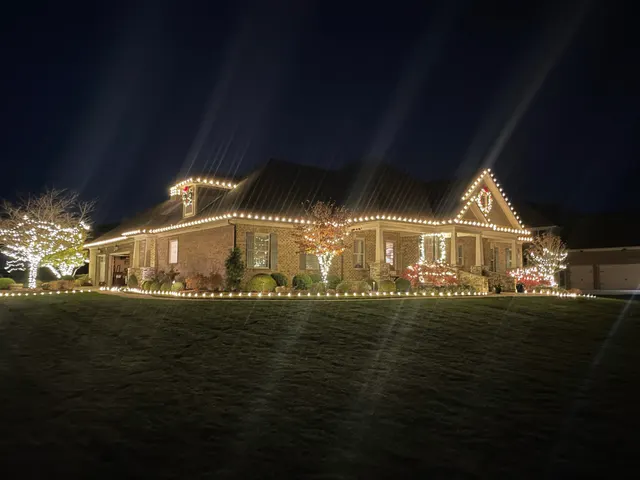 Long roofline and trees wrapped in holiday lights