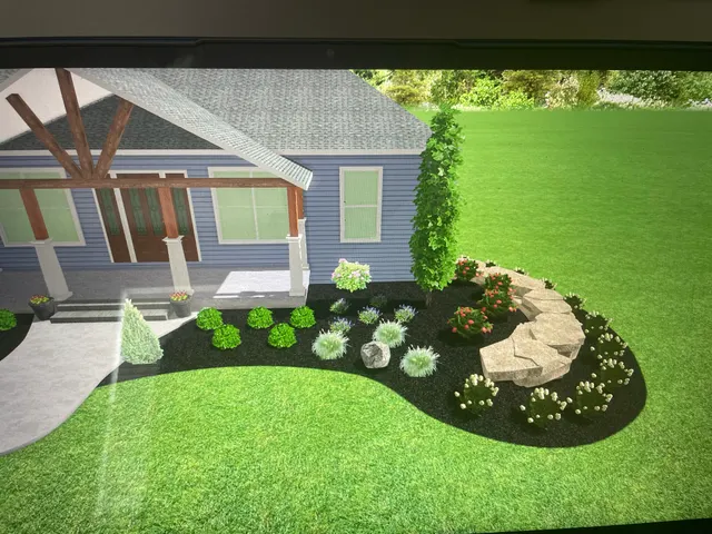 Landscape design rendering with a curved planting bed