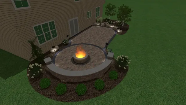 Design rendering of a rounded patio with a central fire feature