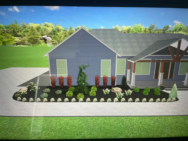 Design rendering of planting beds around a gray home
