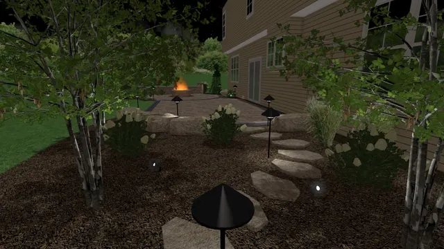 Design rendering of a planted path with landscape lighting