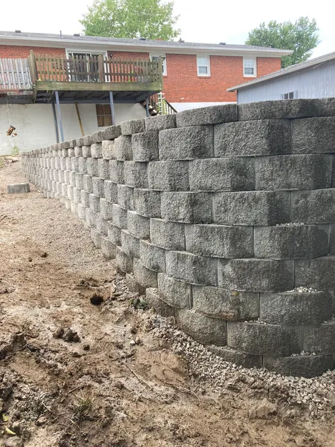 Close view of a newly installed block retaining wall